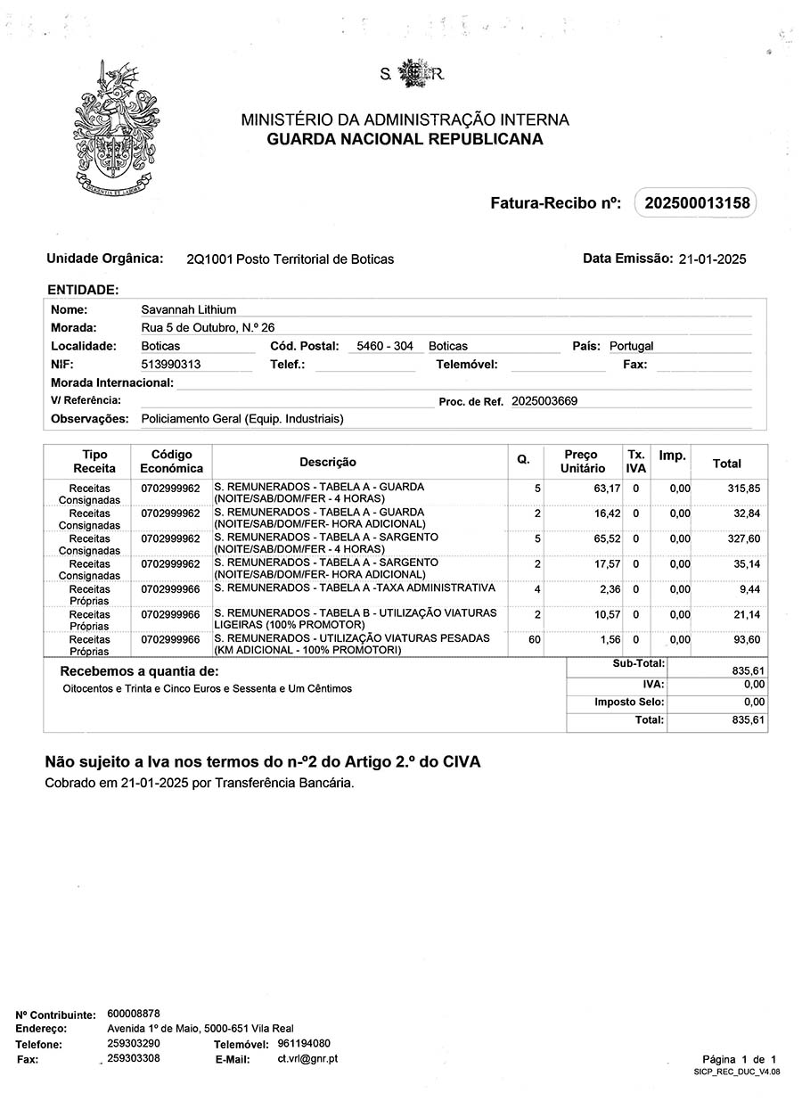 Documento divulgado pelo Fumaça (fonte: https://fumaca.pt/gnr-contratada-por-savannah-para-proteger-extracao-de-litio-no-barroso/)